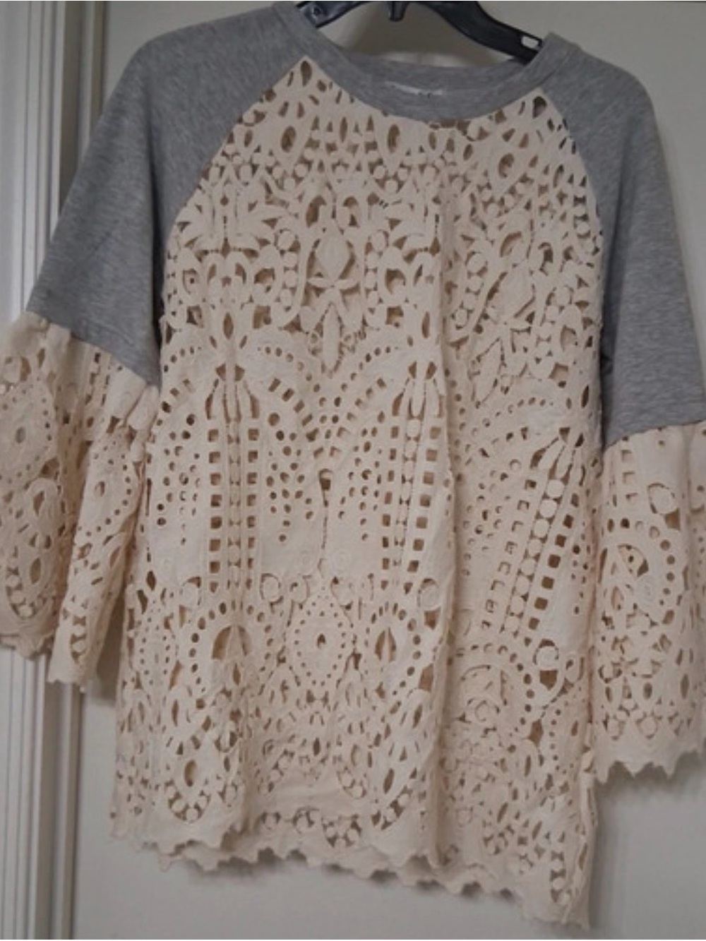 Seen and be seen Cream Crochet Lace Raglan Top with Heather Gray Accents size M